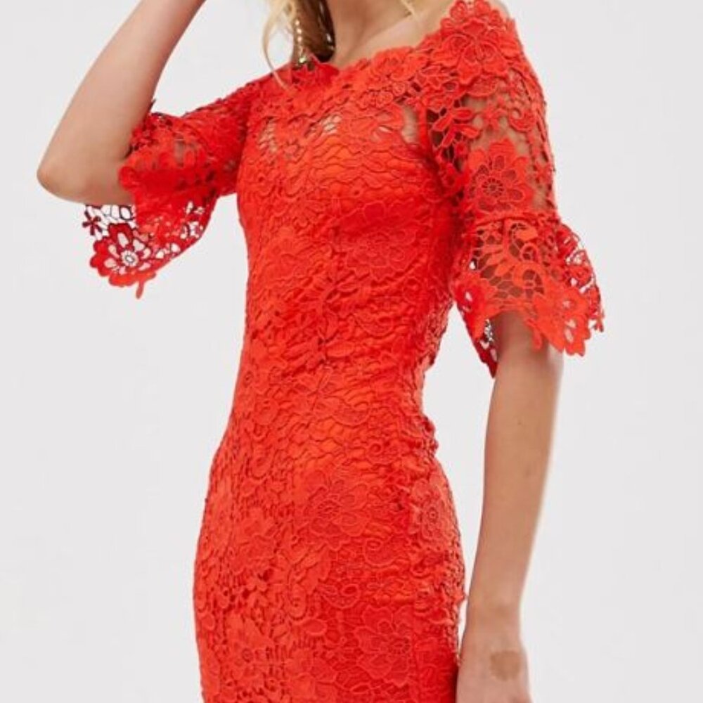 Paper Dolls Red Orange Floral Off shoulder dress